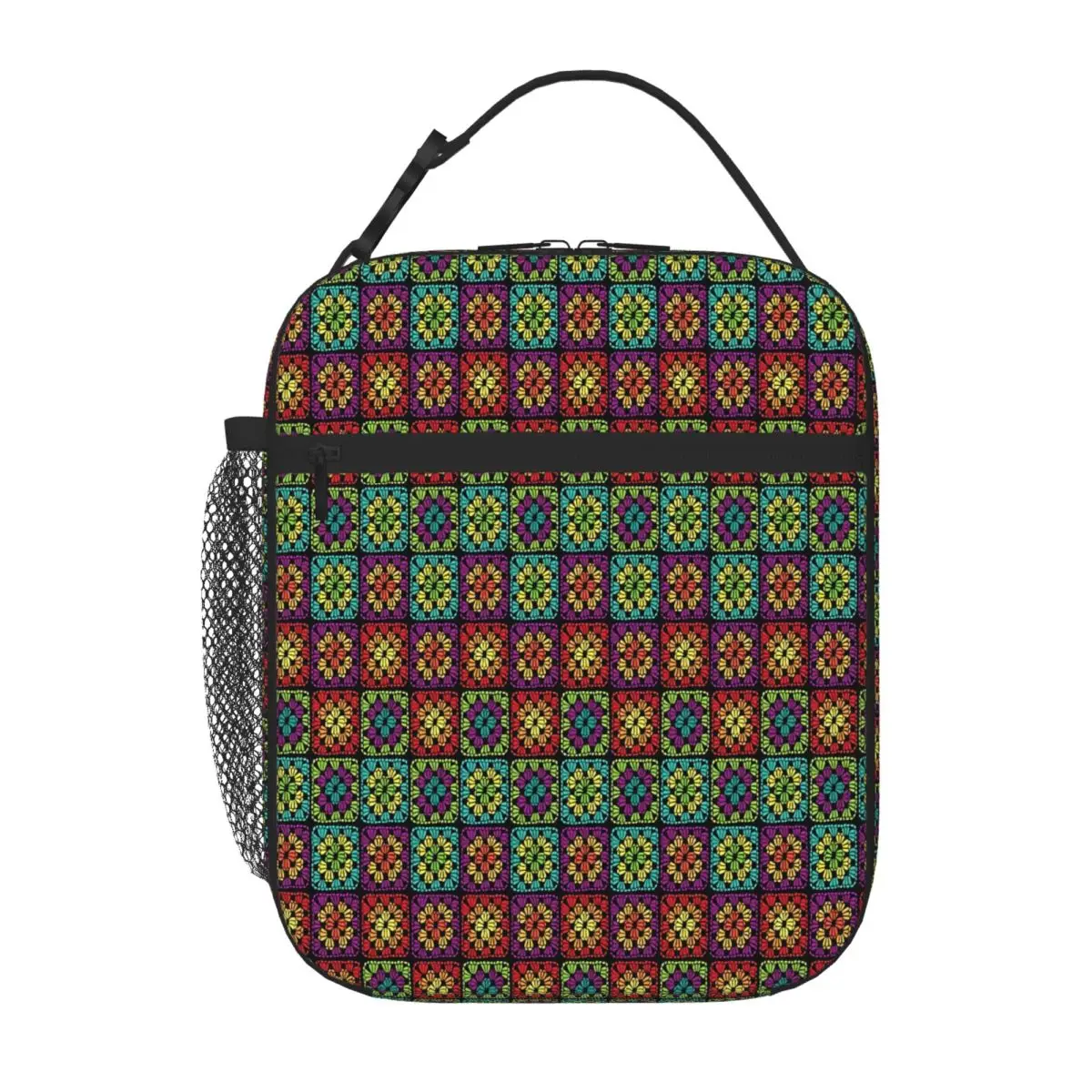 Hot Sale Crochet Granny Square Yarn Pattern Multi Pocket Camping Lunch Bag Workplace Meal Lunch Box Bag