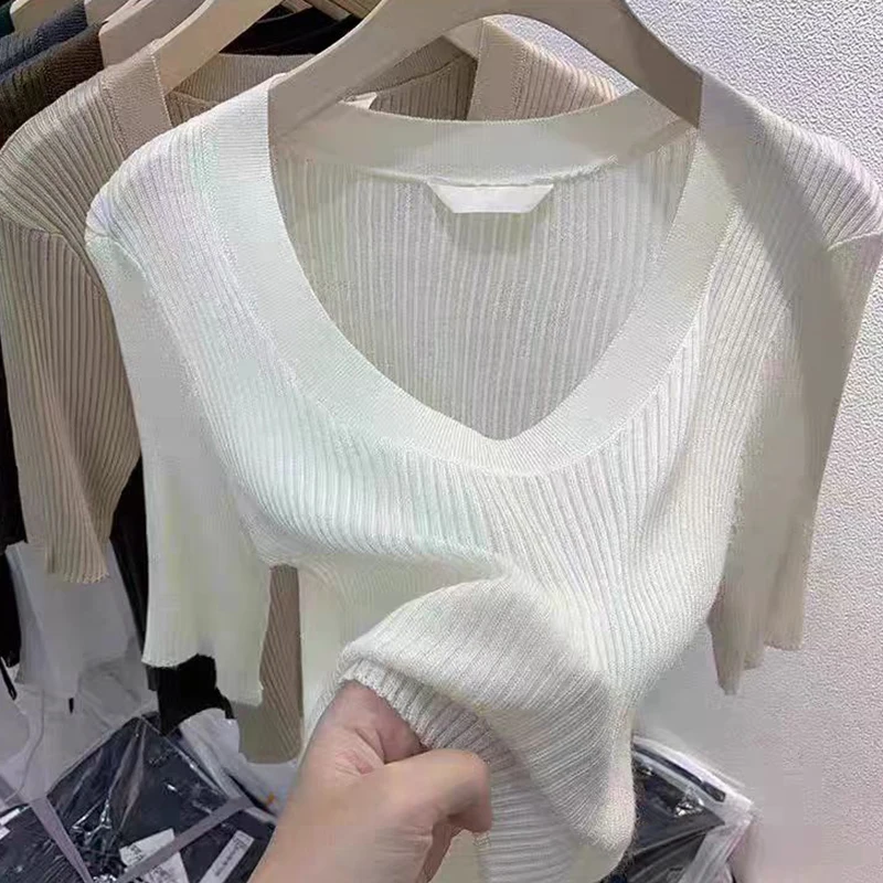 Women\'s T-shirts Knit Top Short Sleeve Black White Knitted Casual Tees Summer Clothes 2024 Basic Tshirts Tee Shirt Femme Tops