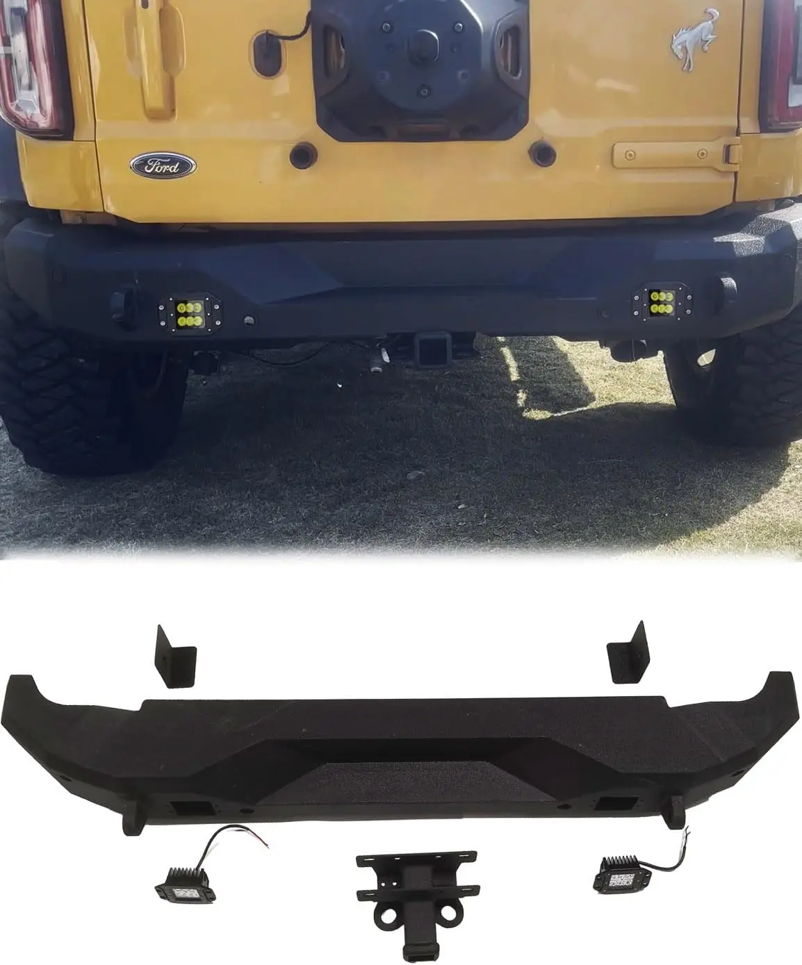 Rear bumper fits 2021-2023 Ford Mustang with towing hook receiver and flush mounted pod lights