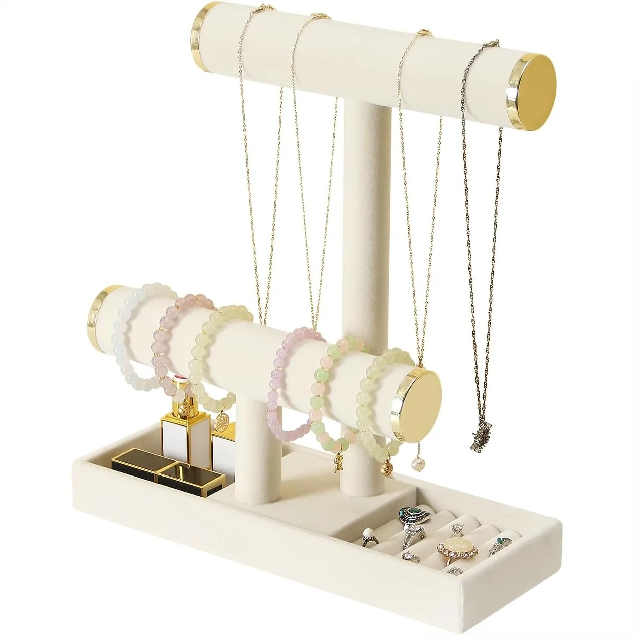 Soporte para Joyas, Organizador de Collares y Pulseras de 2 Niveles con Bandeja para Brazaletes, Coleteros, Relojes y Cadenas, Beige