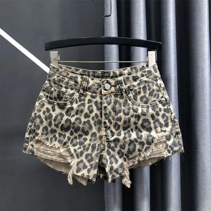 

Y2k Clothing 2000s Leopard Print Shorts Denim Shorts Jeans Women Trendy Ripped High-waist Denim Wide-leg Pants Summer Streetwear