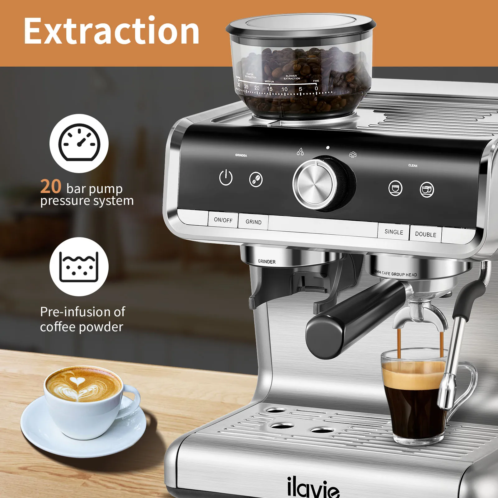 20Bar Espresso Coffee Machine with Milk Frother 2.8LRemovable Water Tank Grinder Cappuccino Latte Espresso Maker for Home Office