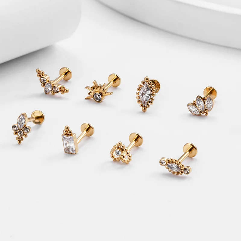 G23 Titanium Piercing Labret Stud Internal Thread Horse\'s Eye Crown CZ Lip Earring Helix Conch Tragus Piercing Lobe Body Jewelry