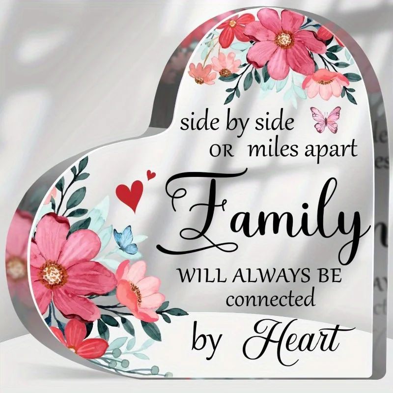 Floral Acrylic Family Keepsake: Connected by Heart Gift for Sister, Mom