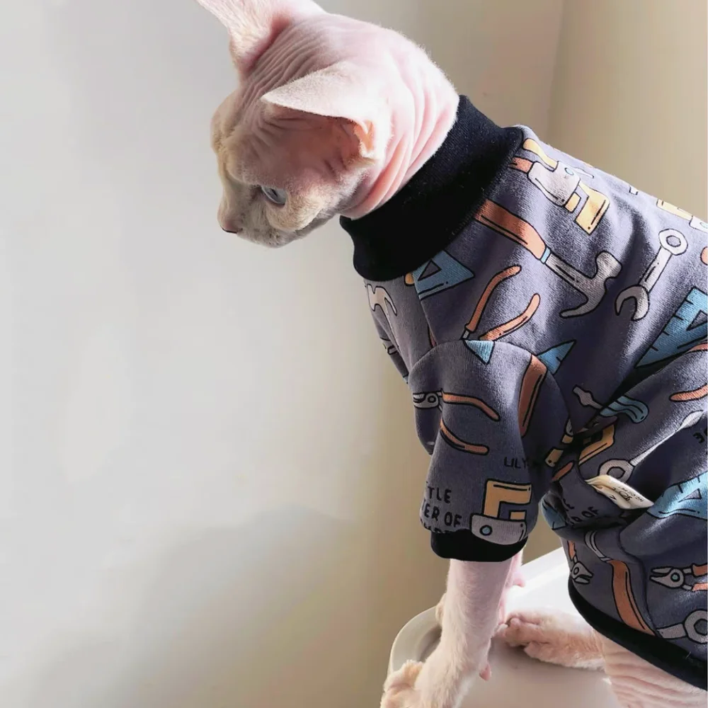 Sphyinx Cat Cartoon Tools Printing Sweatshirt Spring Cat Clothes Fashion Grey Winter Cotton Coat for Devon Rex Cat Supplies