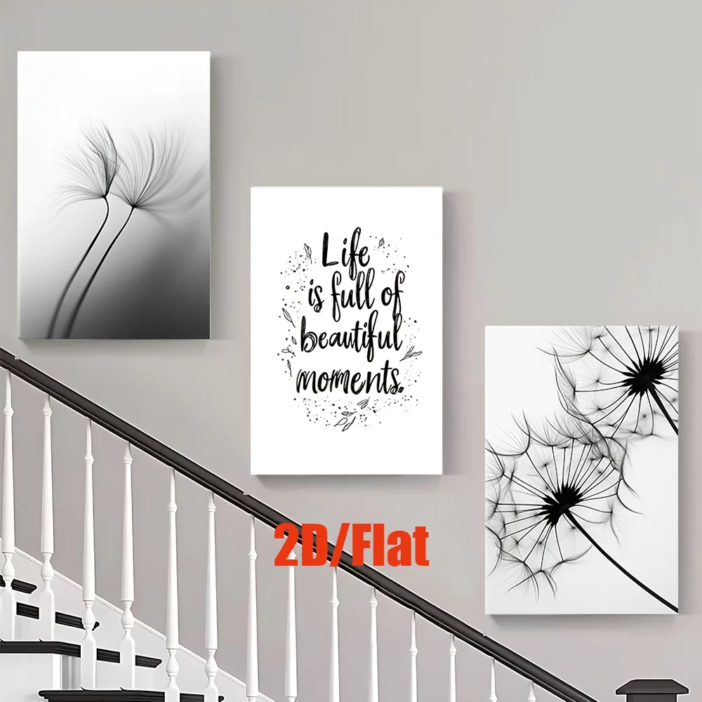 3 قطع/مجموعة، لوحة قماشية بدون إطار ثنائية الأبعاد/المسطحة، الهندباء الأبيض والأسود، لوحة مختلطة، غرفة المعيشة، ديكور المكتب، فن الحائط، السرير #5