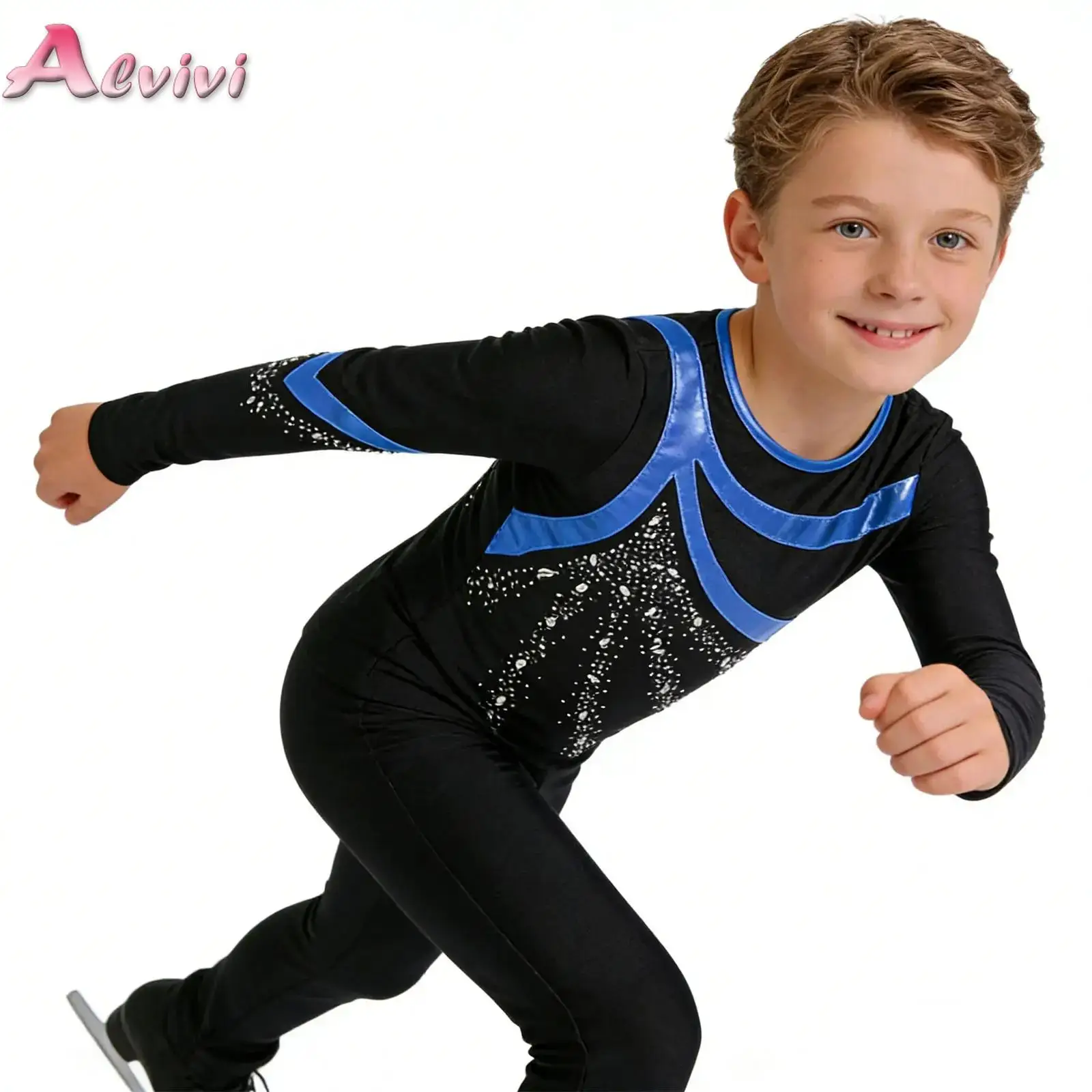 

Kids Boys Shiny Rhinestones Tops Figure Ice Skating Tops Long Sleeve Ballet Dance T-Shirts for Gymnastics Competitions Costume