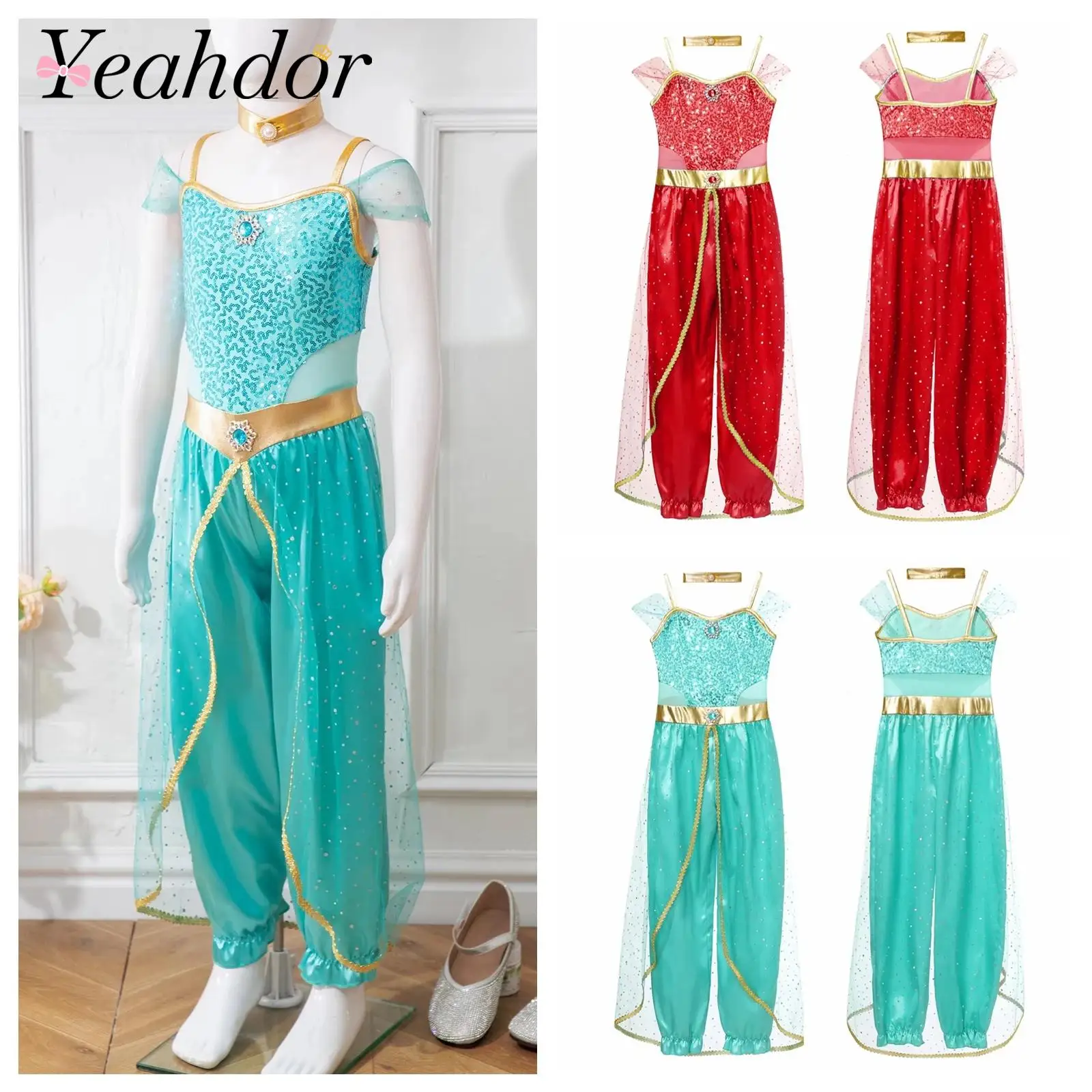 Children's Shiny Sequins Jumpsuit 6-16Y Girls Arabian Princess Romper Cosplay Costume Belly Dance Costume Birthday Party Gift