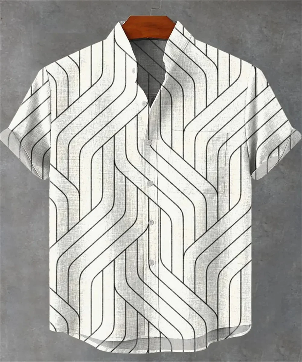 Mens Summer 2025 Comfortable Linen Short Sleeve Shirt Elegant Symmetrical Graphic Print Mens Casual Stand Collar Top