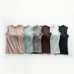 6 Colors Cotton Camisole With Padded Bust Women Sleeveless Undershirt Summer Solid Color Outerwear Simple Slim Fit T-shirt Top