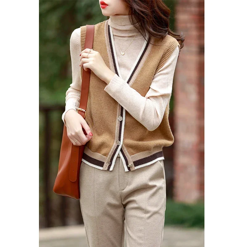 Autumn Winter Elegant Chic Knit Vest Stripe Casual Sweet Office Lady Sleeveless Sweater Cardigan Jacket Women Basic Tank Top