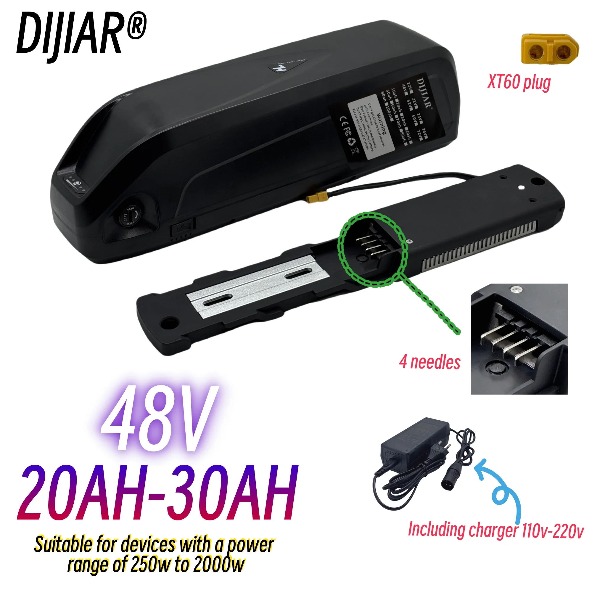

Air freight DIJIAR 48V20AH-30AH 4-pin 18650 lithium battery safety lock rail with built-in BMS 750W1000W motor+2AH charger