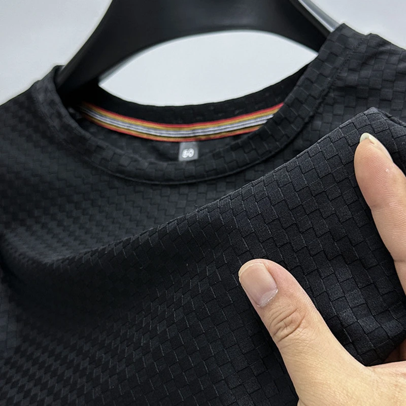 Premium Fashion Waffle Ice Silk T-shirt for Men\'s Youth Summer Round Neck Short Sleeve Brand Trendy Loose Breathable Luxury Top