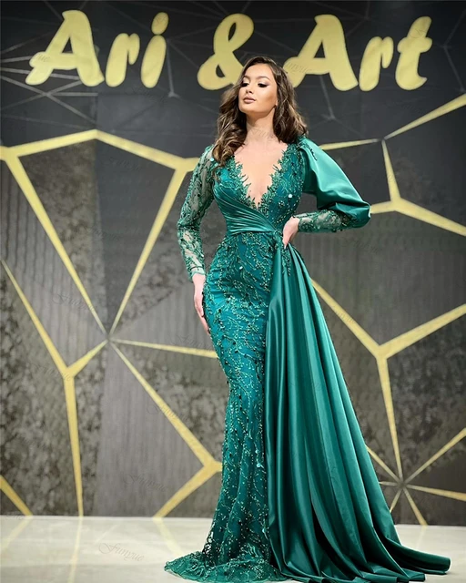 Hunter Green arabic Prom Dresses 2023 Dubai Evening Gowns Mermaid Lace Sequin Muslim Formal Dress Long Vestidos De Gala AliExpress