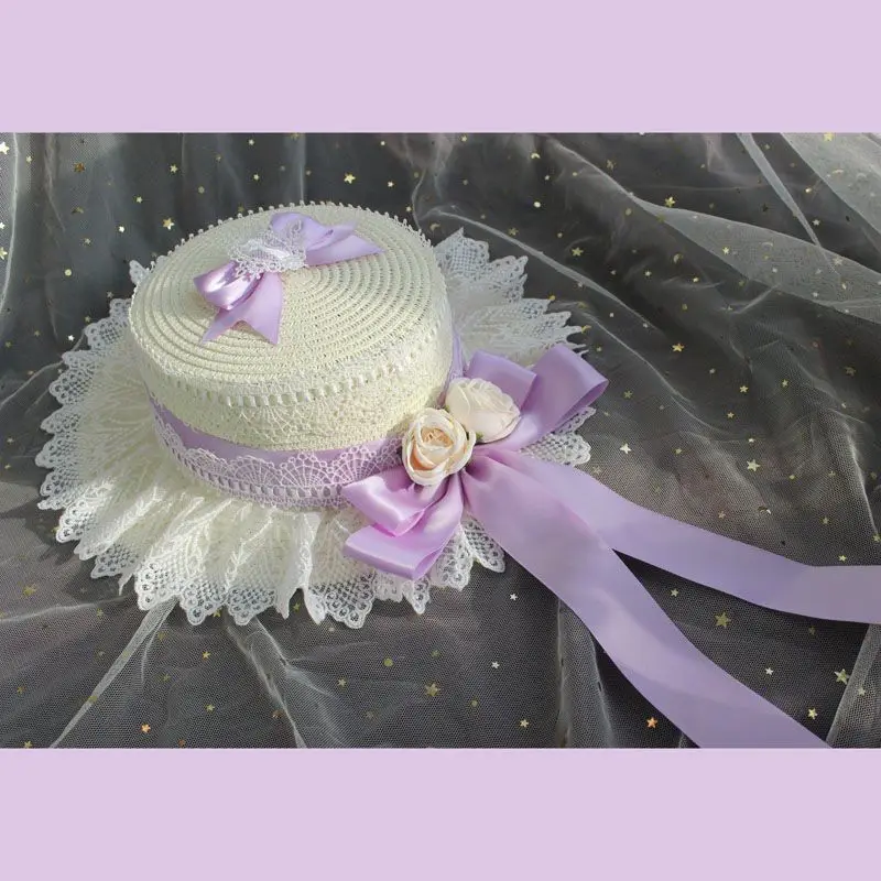 

Handmade Mori Lolita Straw Hat, French Floral Bow Flat Sun Hat, Sweet Lightweight Sun Protection Headwear for Daily Outdoor Wear