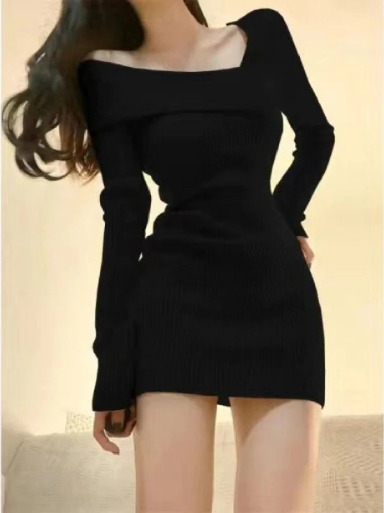 Outono inverno sexy vestido de malha fino ajuste manga longa bodycon camisola vestido com nervuras mini vestido rua chique clube noite moda feminina