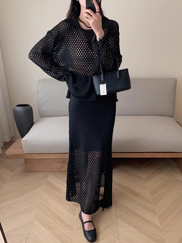 

Chic Early Autumn Hollow out Me Long Sve Top with Knitted Split Skirt Set Women's Faion Transparent Design Two-Piece Set