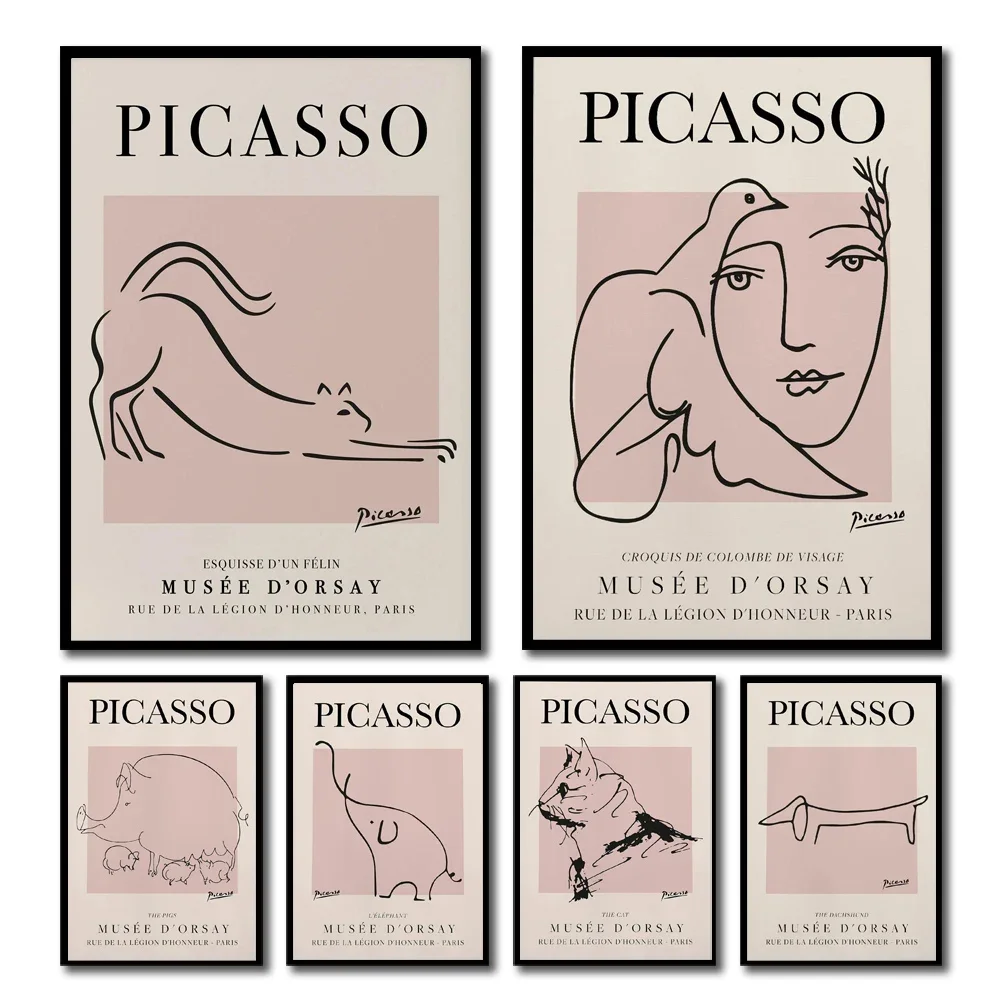 Obra de arte de Picasso, póster artístico en lienzo de línea Vintage, dibujo de línea minimalista, impresión de animales, decoración de pared del hogar o impresión de regalo, 1 ud.