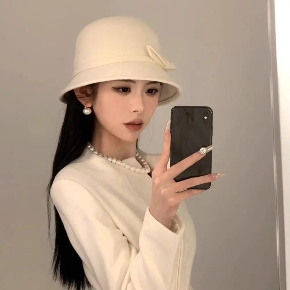 Vintage Hepburnesque Felt Formal Hat Wealthy Heiress Style Panama Cap Bowknot Bucket Hat British Style Girl 3