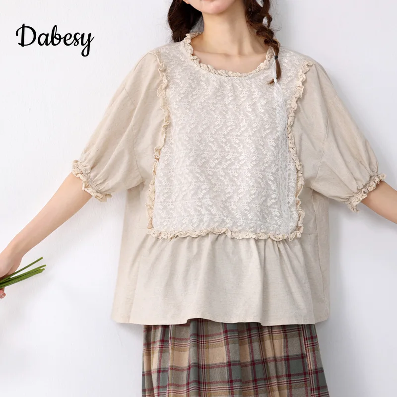 

Japanese Mori Girl Lace Patchwork Cotton Shirt Women Summer Vintage O-Neck Short Sleeve Shirt Loose Casual Pullover Tops Mujer