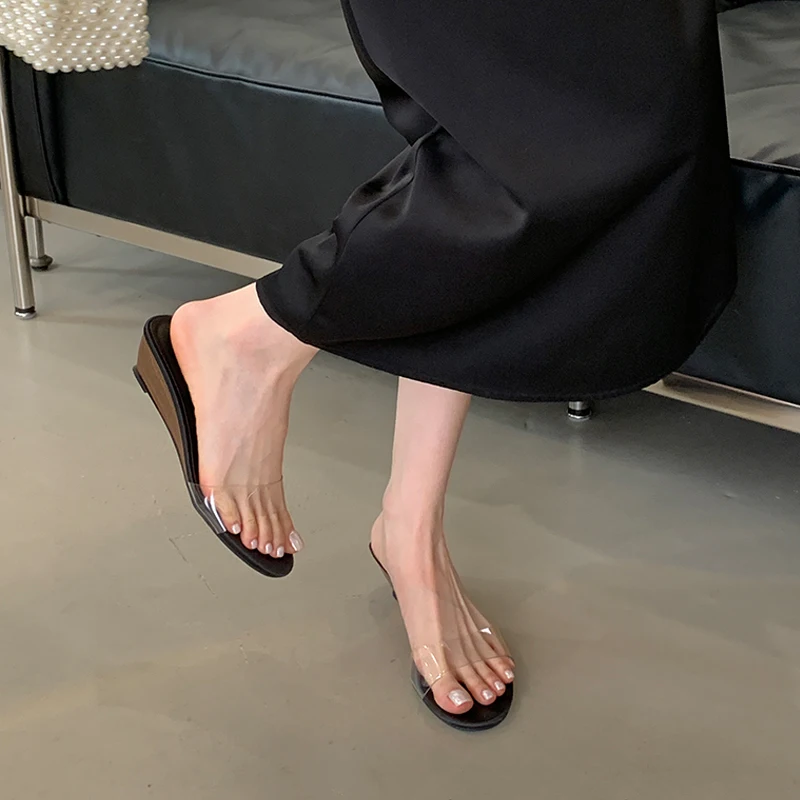 أزياء شفافة أسافين النعال البلاستيكية امرأة جولة تو الشرائح البسيطة الصنادل مريحة الانزلاق على البغال أحذية السيدات #2