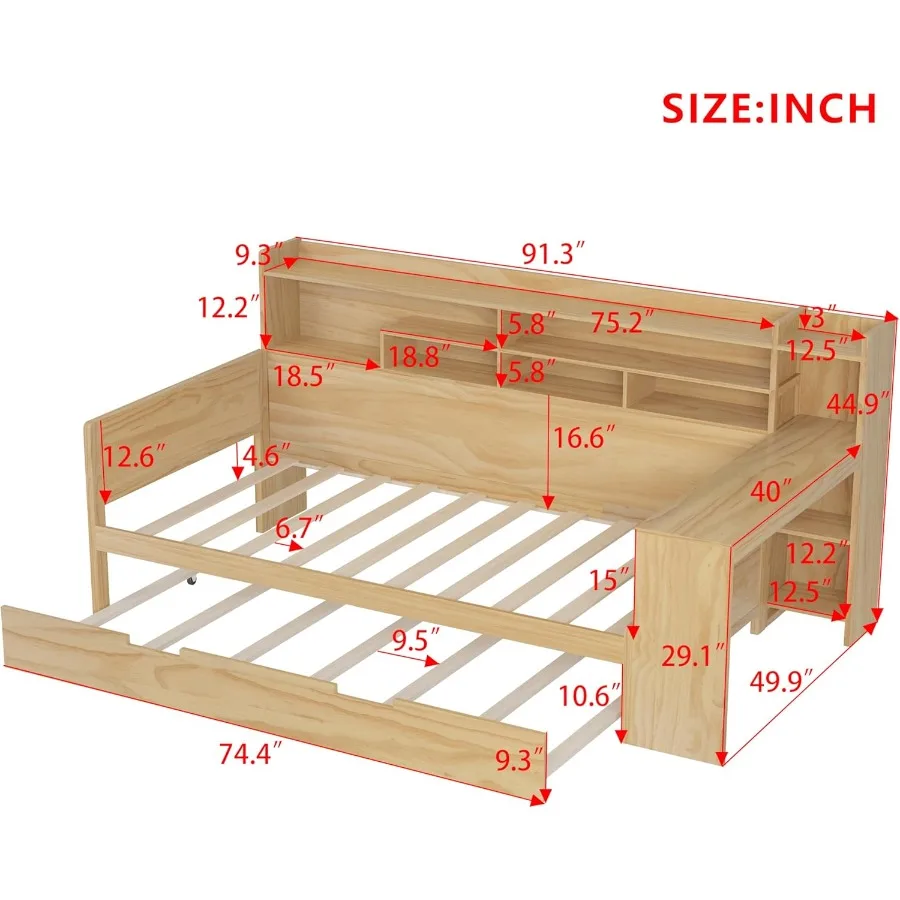 إطار سرير أريكة خشبي مزدوج الحجم مع أرفف تخزين دولاب بحجم مزدوج ومكتب دراسة لغرفة النوم ومنفذ شرائح خشبية بدون صندوق