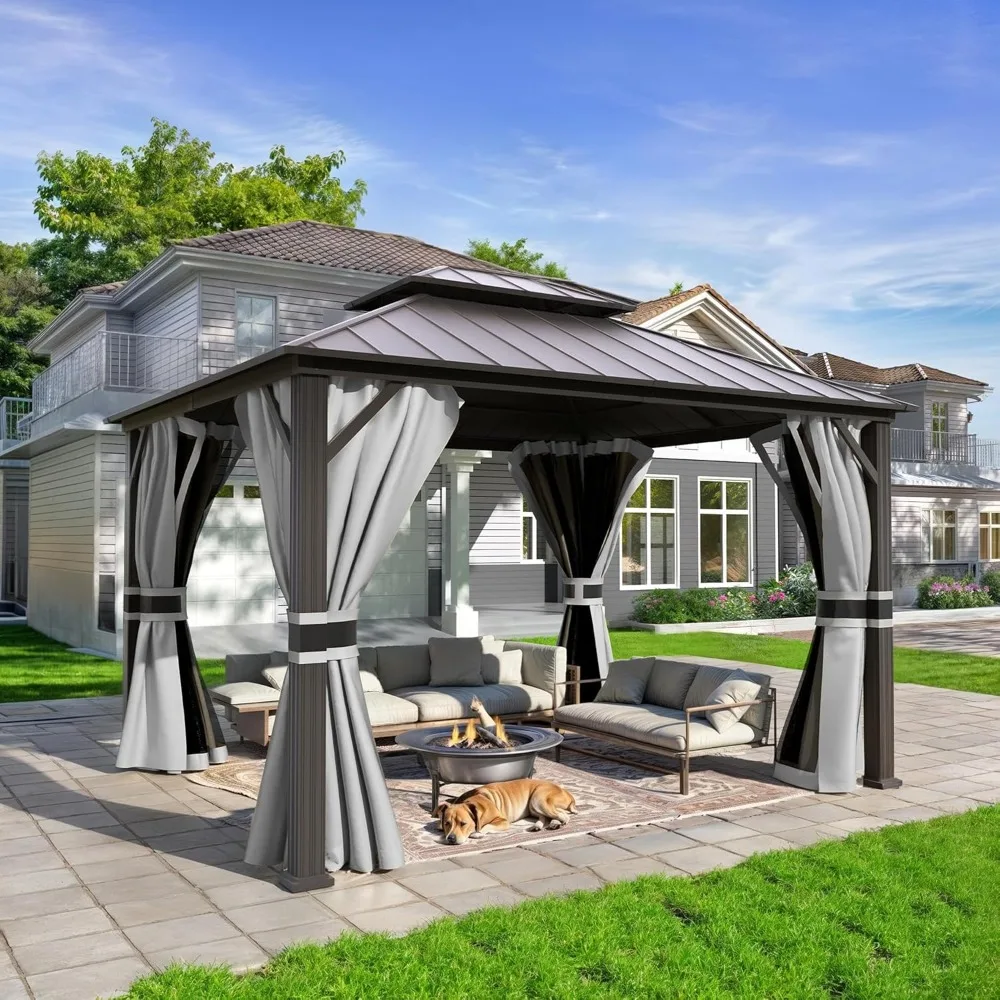 

10'x12' Hardtop Gazebo, Aluminum Frame Canopy with Double Galvanized Steel Roof, Outdoor Metal Gazebo with Curtains