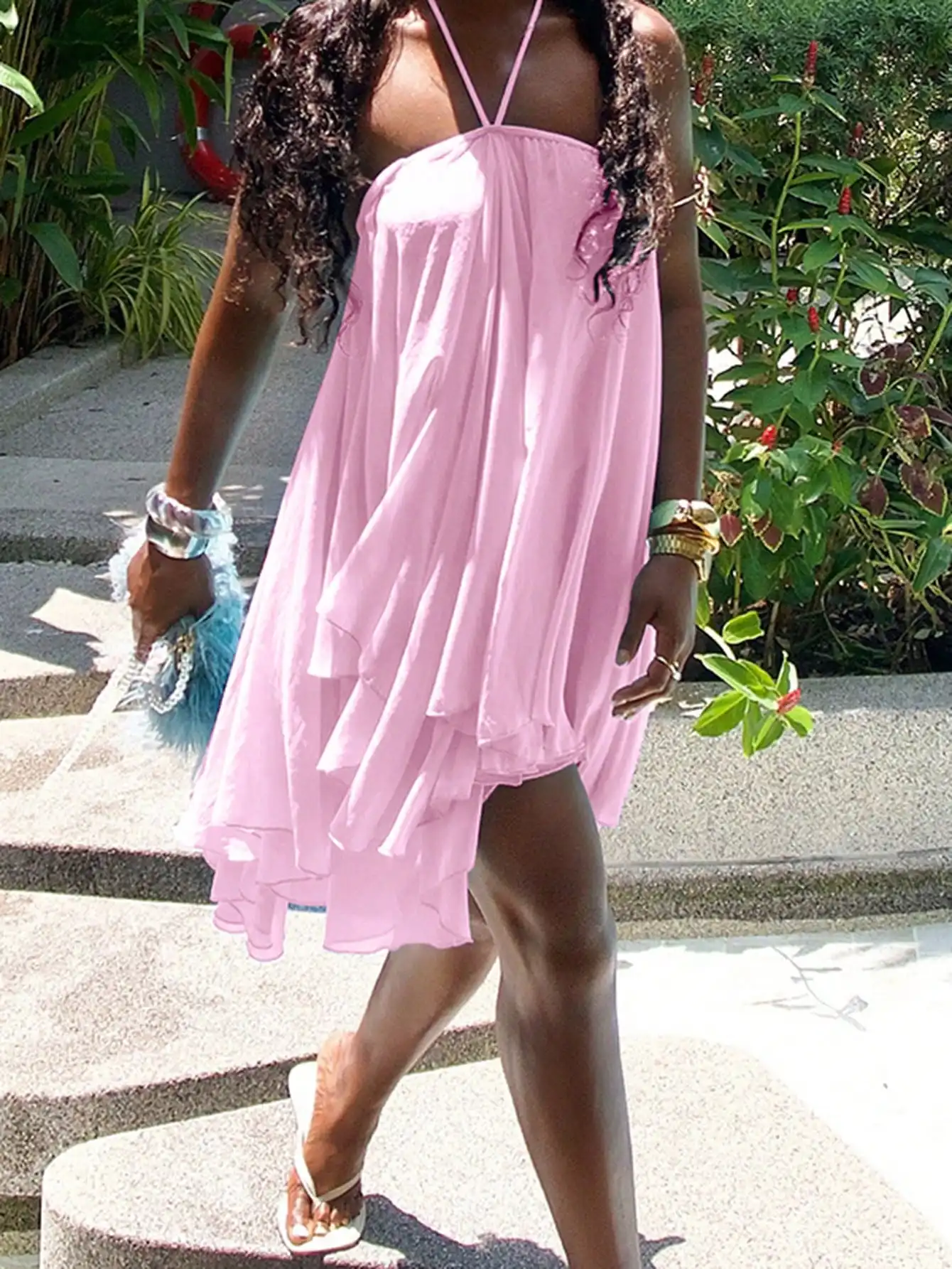 Vestido Mini Assimétrico Rosa com Decote Halter para Mulheres, Chiffon Leve, Ideal para Festas de Verão