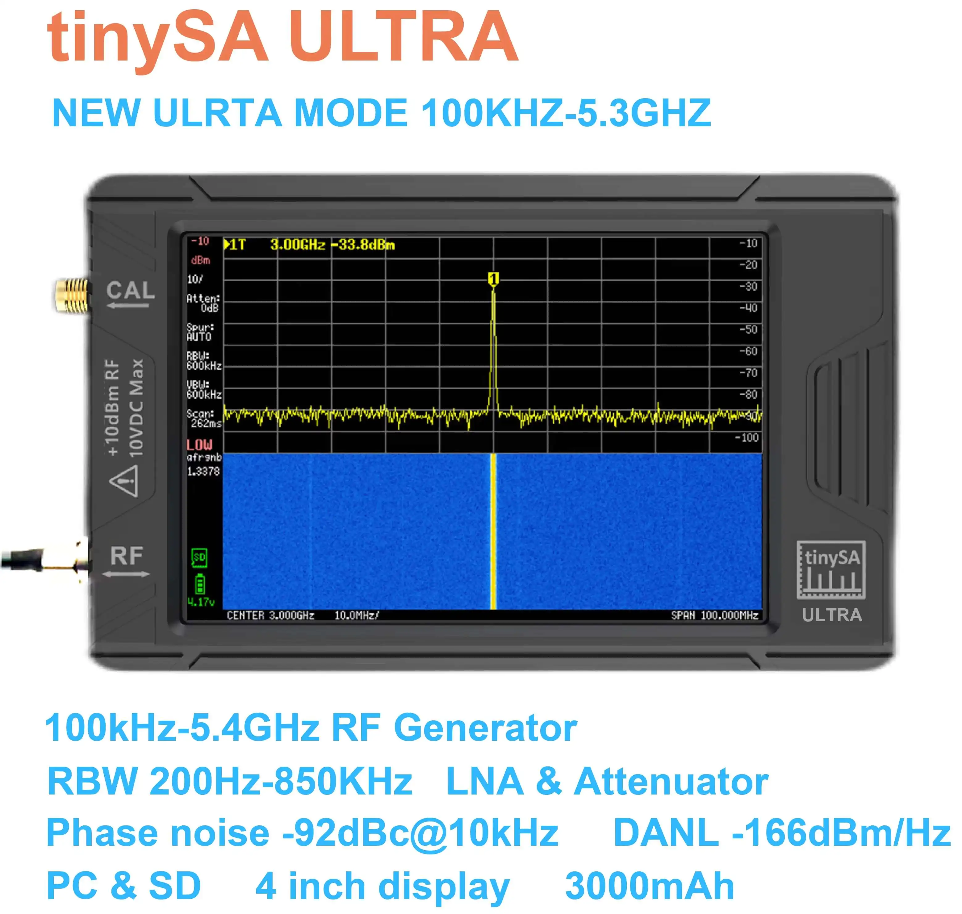 tinySA ULTRA 4-Zoll-Handspektrumanalysator 100 kHz bis 5,3 GHz Netzwerk Interner Lan-Tester RF-Signalgenerator