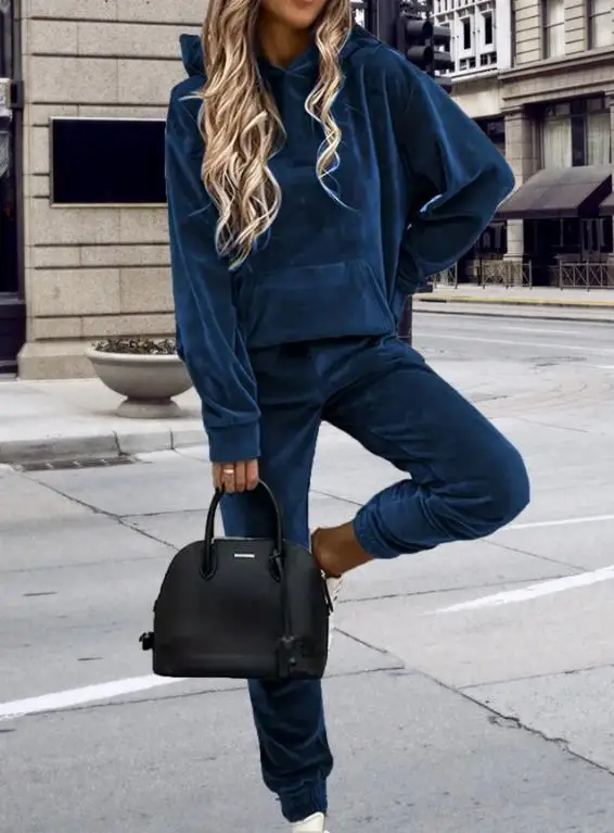 

Two Piece Set Women Outfit 2026 New Spring Autumn Velvet Long Sleeve Pocket Design Hooded Sweatshirt & Casual Cuffed Pants Set