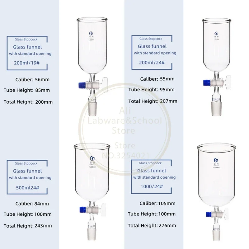 1Pcs Clear 50ml To 1000ml Glass Cylindrical Feed Funnel with Glass Piston 19#24# Frosted Standard Joint for Lab Teaching Tools