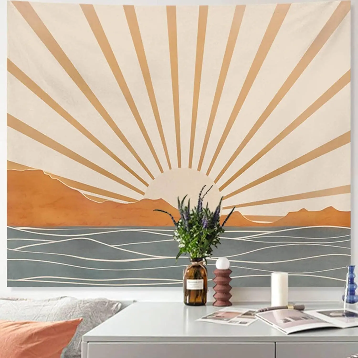 Boho Tapestry Wall Hanging for Bedroom Aesthetic, Bohemian Sun Sunrise Sea Vintage Tapestries  Living Room,Retro Hippie Rainbow