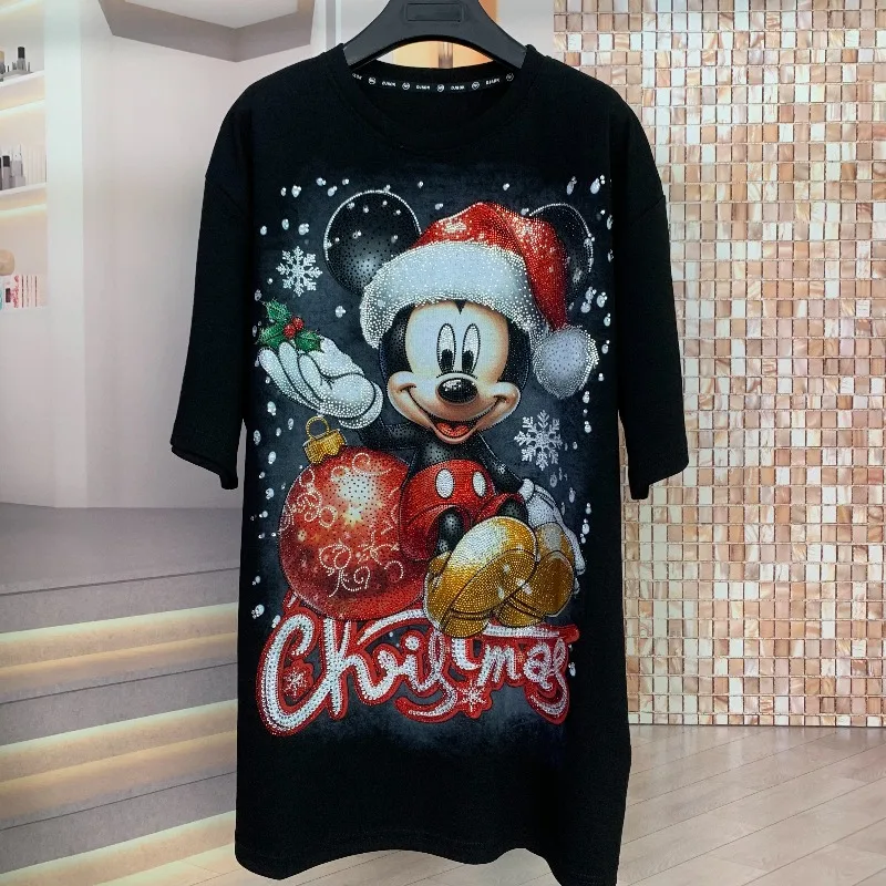 أزياء لطيف المتضخم فضفاضة قصيرة الأكمام البلوز تي شيرت البلوفرات 2025 الخريف جديد الصناعة الثقيلة غسل الترتر الكرتون التي شيرت