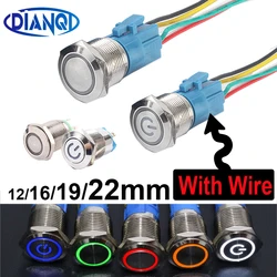 12mm Metal Push Button Switches 16/19/22mm Waterproof Button Switch With Wire 12V 6V 24V 220V LED Latching Momentary Red Blue