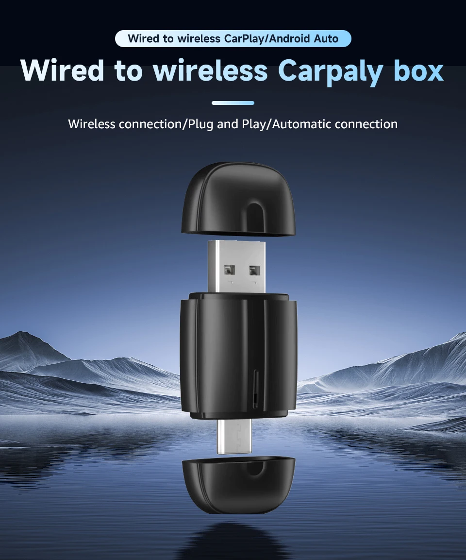 2in1 Wireless CarPlay Adapter&Android Auto Mini Box Carplay Wired to Wireless Bluetooth Plug and Play Dual interface Type-C/USB