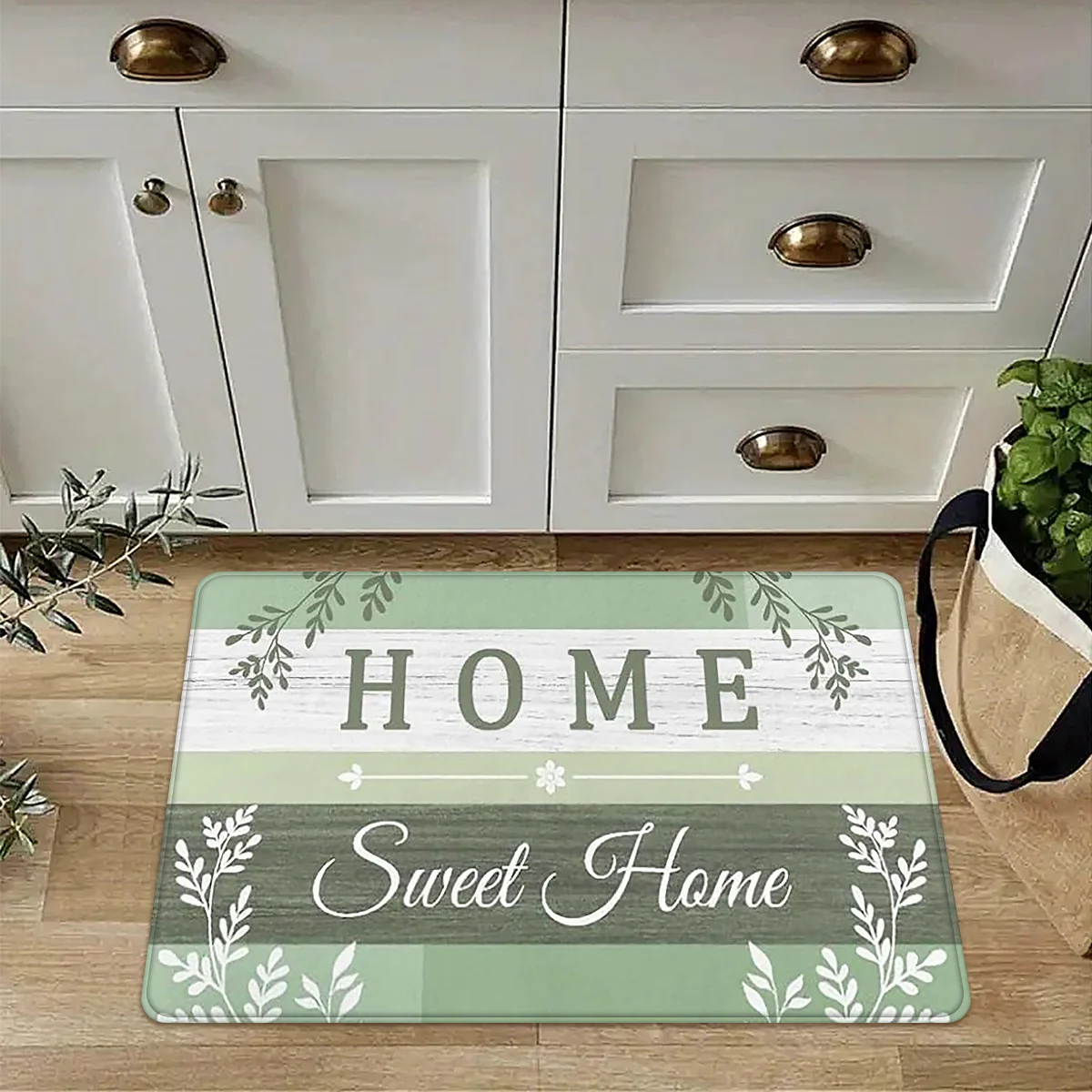 VIKAMA Farmhouse Green Tone Long Floor Mat Vintage Wooden Grain Foliage Text Design Non‑slip Stain‑resistant Kitchen Runner Rug