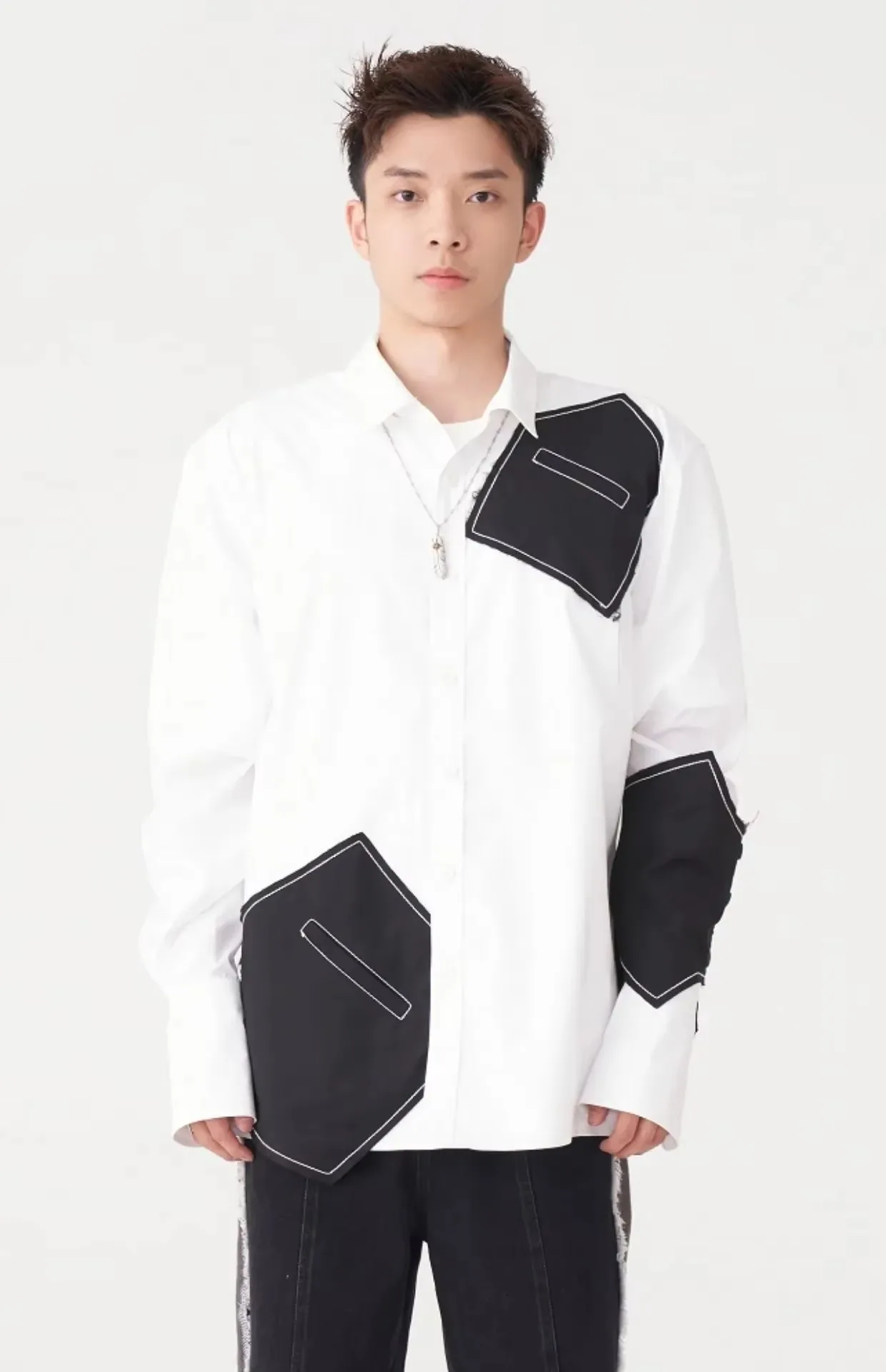 S-6XL 2025 novas roupas masculinas femininas terno tecido emenda irregular desconstruído camisa de manga comprida amantes trajes tamanhos grandes