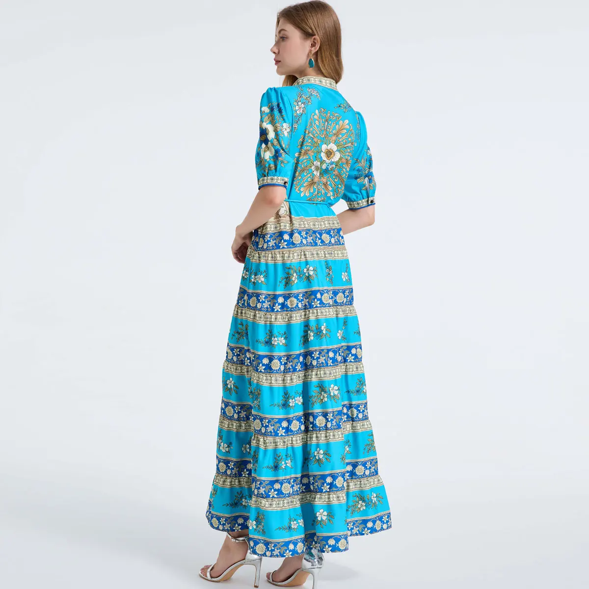 Ele impresso gola bolha sve dr com lindos botões 6 camadas overskirt e cinto outono 2025 nova chegada