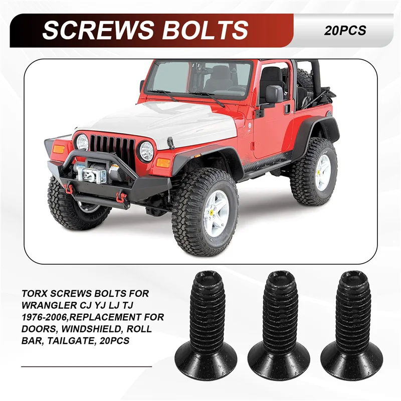 

Torx Screws Bolts For Jeep Wrangler CJ YJ LJ TJ 1976-2006,Replacement For Doors, Windshield, Roll Bar, Tailgate, 20PCS-AT80