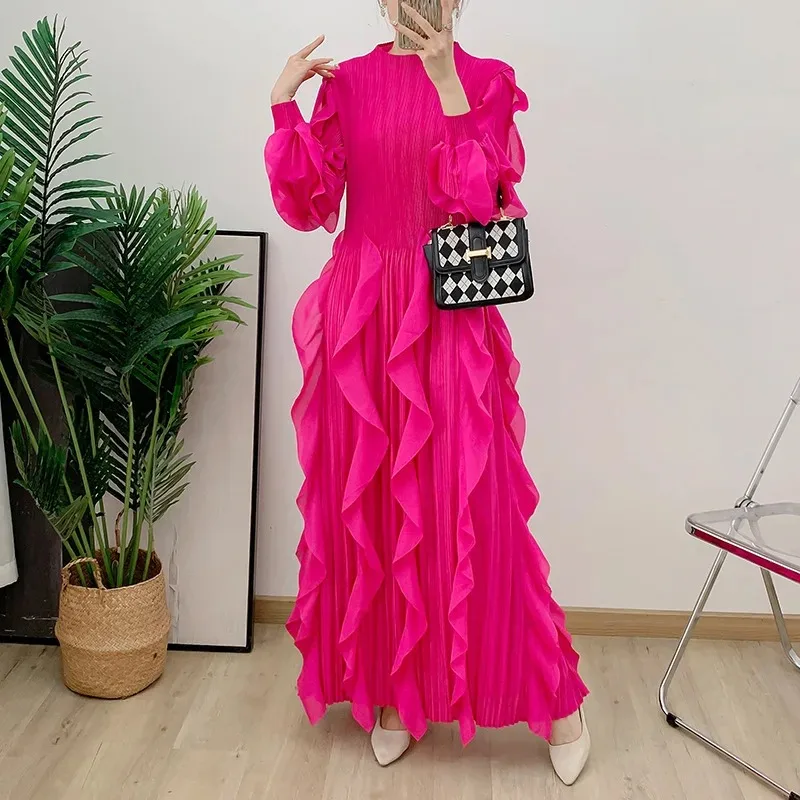 

Fashion Ruffles Pleated Dress Women Round Neck Flare Sleeves Solid Maxi Belt Dresses Party 2025 Autumn New