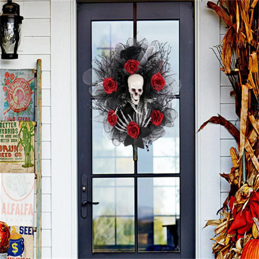 15.7In Hanging Wreath With Skulls Roses And Vines Front Porch Decor Indoor Covered Outdoor Halloween Party Decorations For Door