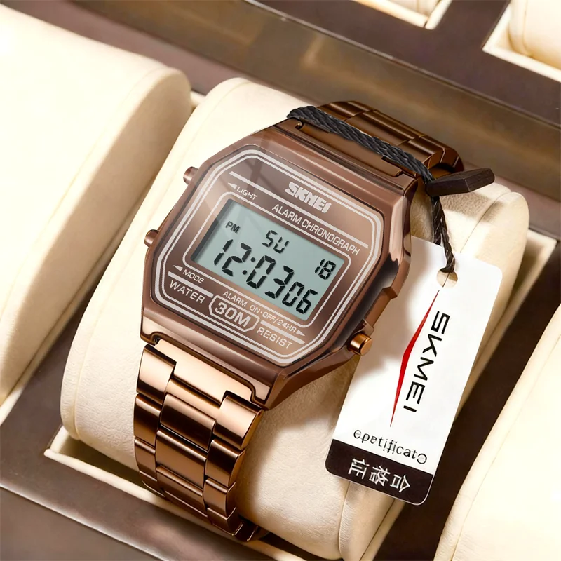 

SKMEI деловые наручные часы с ремешком из нержавеющей стали со светодиодным дисплеем для мужчин и женщин, модные повседневные водонепроницаемые цифровые часы reloj hombre