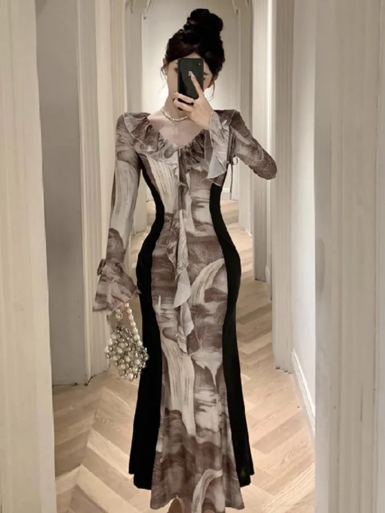 Topenomi Retro Printed Evening Dress Women V Neck Ruffle Patchwork Mesh Waist Slim Long Sleeve Banquet Party Dresses Sexy Gown