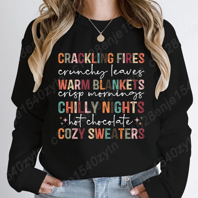 Fall Crackling Fires Crunchy Leaves Print Round Neck Pullovers Casual Sport Outdoor Tops Long Sleeve Ladies Hoodless Sweatshirts