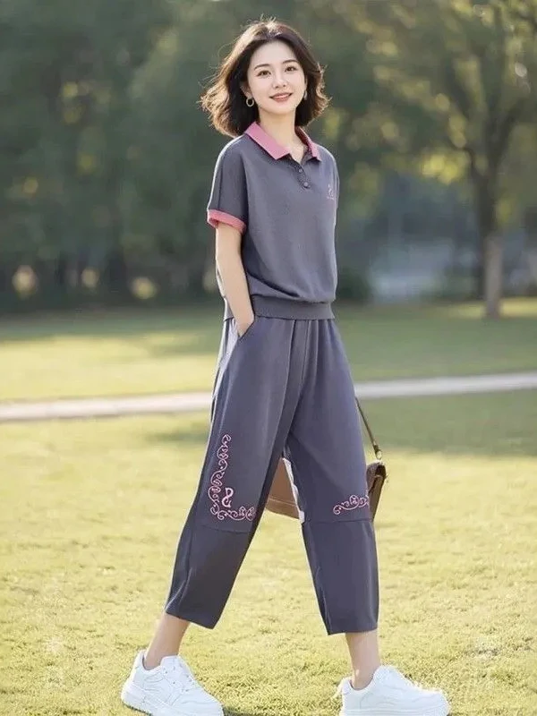 Summer New Women's Loose  Neck T-shirt Elastic Waist Nine Points Pants Two-piece Set Breathable Quick-drying Cotton Blend