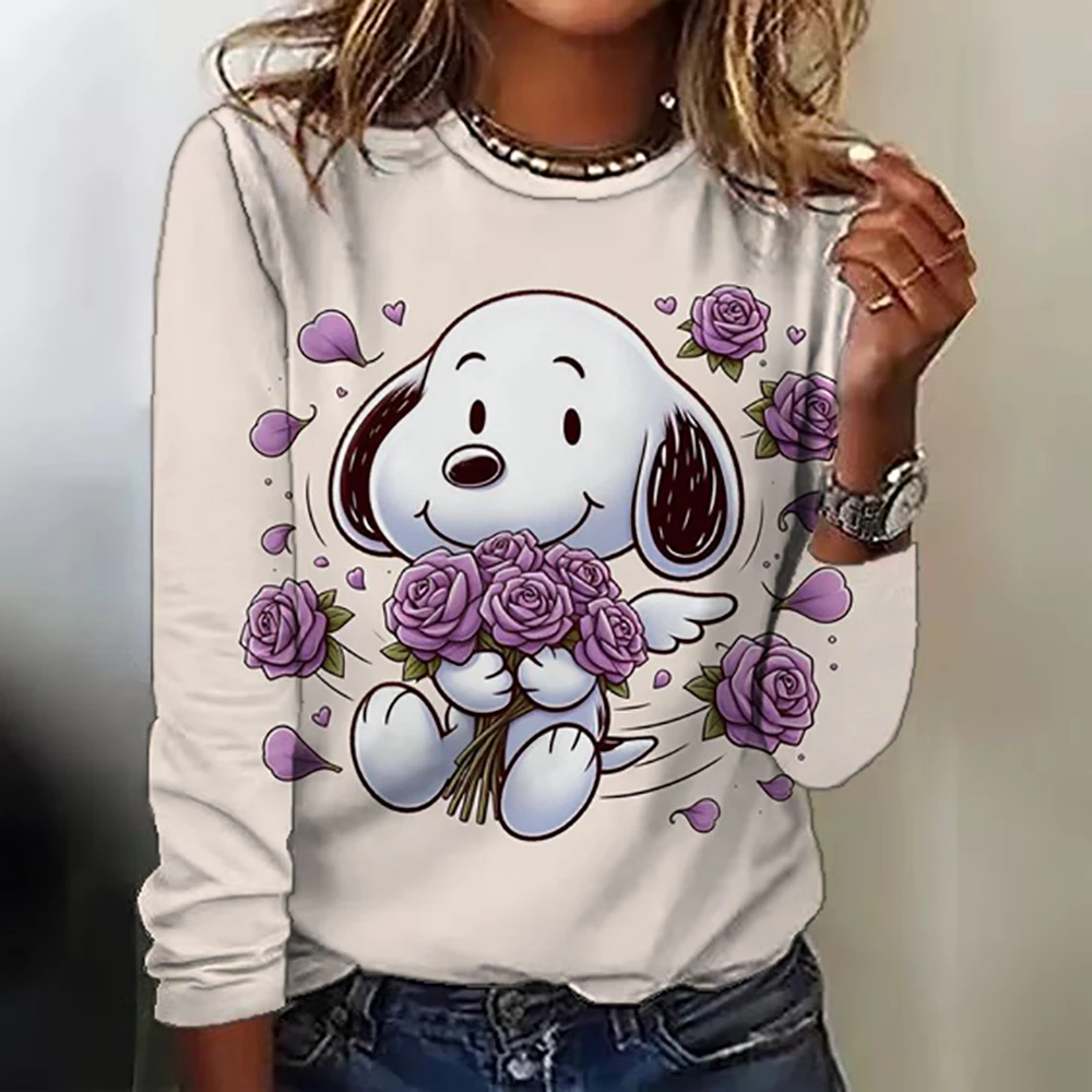 Snoopy printed Vintage Women's T-shirts Autumn Cotton Long Sleeves T shirt Tops Designer Casual Loose O-neck Women Clothing