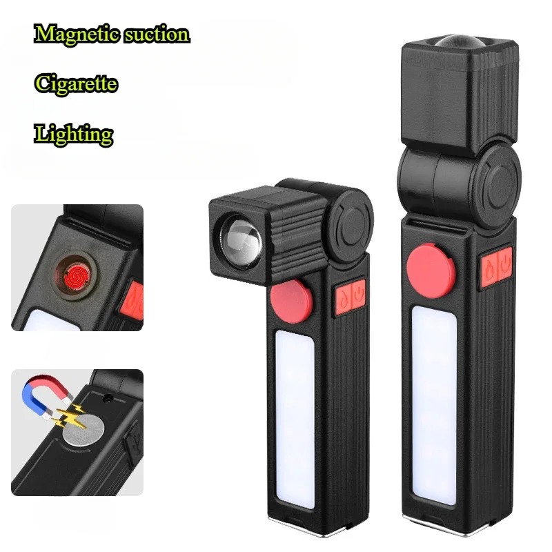 Portable Multifunctional Strong Flashlight Lighter USB Charging Emergency Magnetic Folding Work Light with Cigarette Lighter