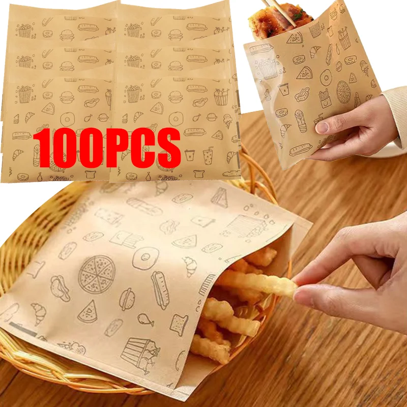 Image of 50-100 Stück Fettdichte Papiertüten Einweg-Verpackung Backpapier Dessert Sandwich Burger Verpackungstüten Küchenzubehör Neu
