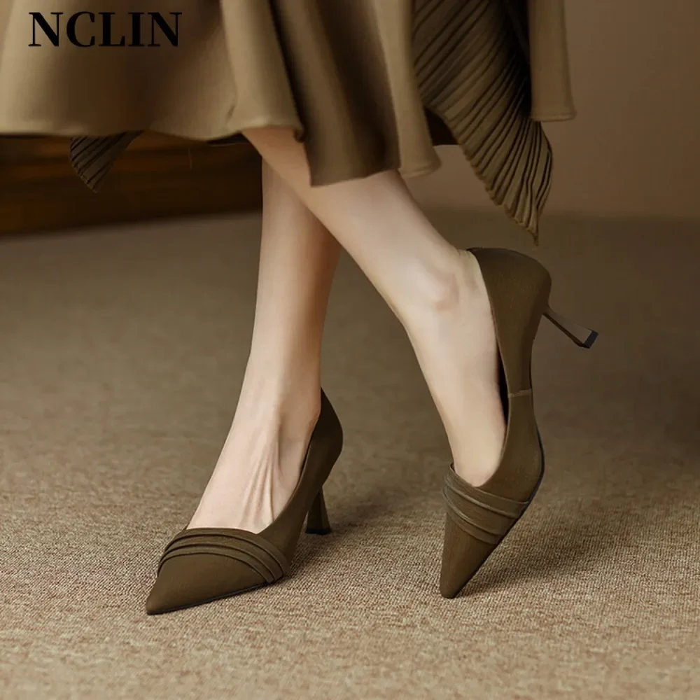 

2025 Spring summer Pointed Toe Woman Pumps Thin Heels Fashion pleated design Party Ladies Shoes Zapatillas De Mujer