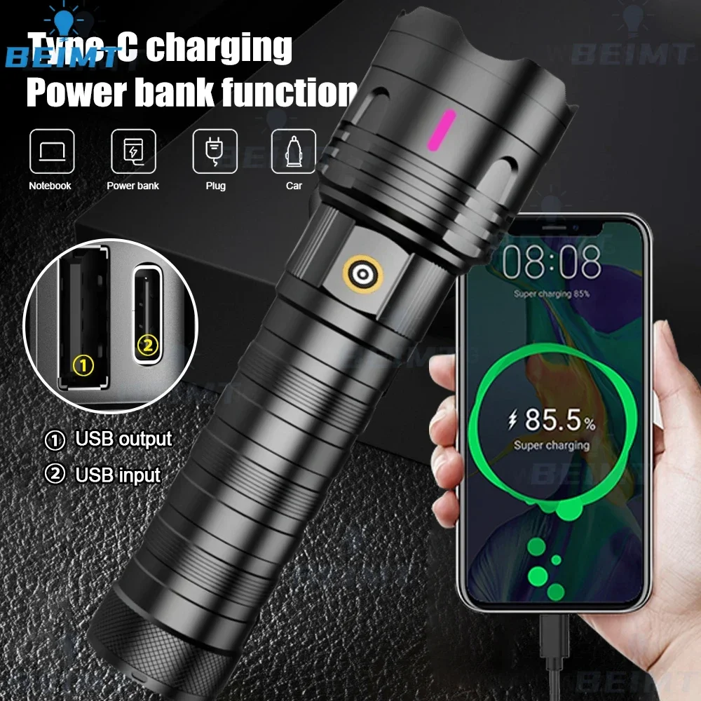 Super Bright Whtie Laser LED Zoomable Flashlight Type-C Charging Tactical Torch Multi Functional Outdoor Hiking Camping Handlamp